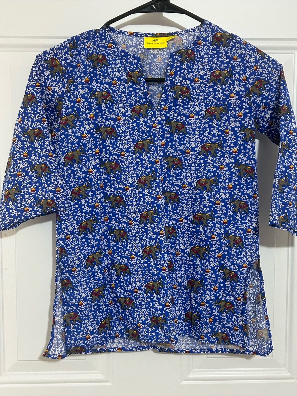 Roberta Roller Rabbit Blue Floral Print Top with Yellow Label